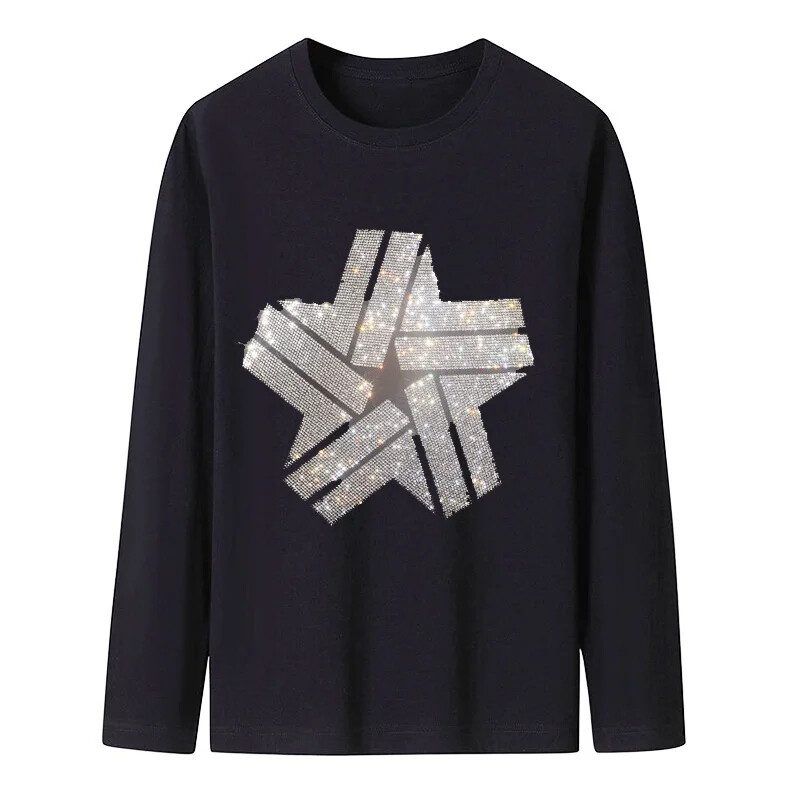 New Men Luxury Diamond Star Rhinestones Fashion Black T-Shirt High Quality gallery