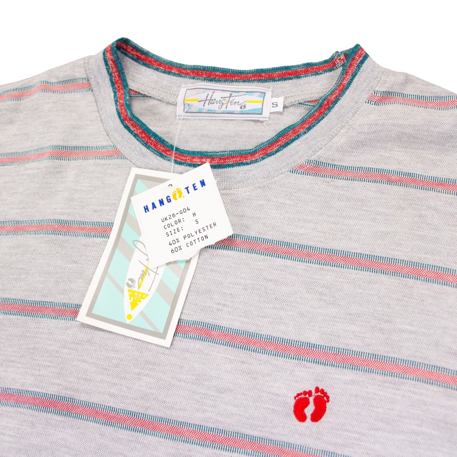 Vintage NWT Hang Ten Mens Small Gray Striped Crewneck T Shirt Poly Cotton Blend