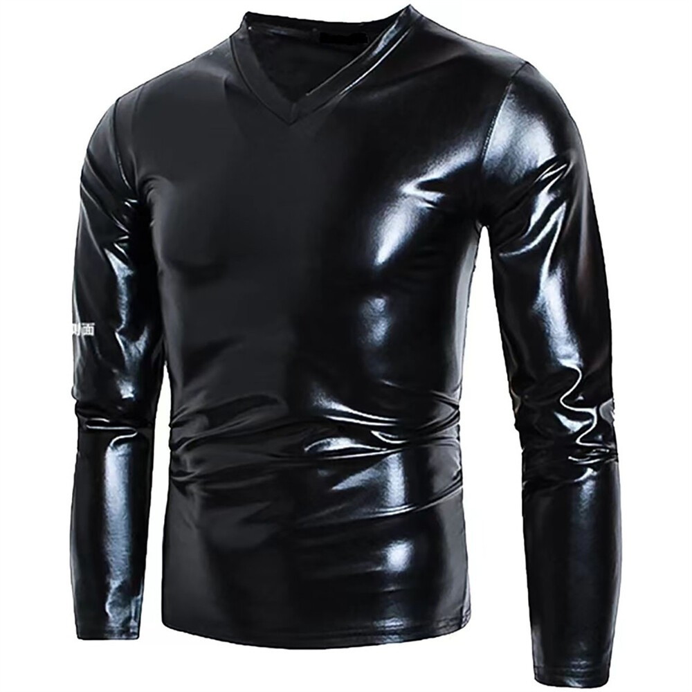 Men Shirts Tunic Top Metallic Shiny Wet Look T-Shirt Patent Leather Blouse gallery