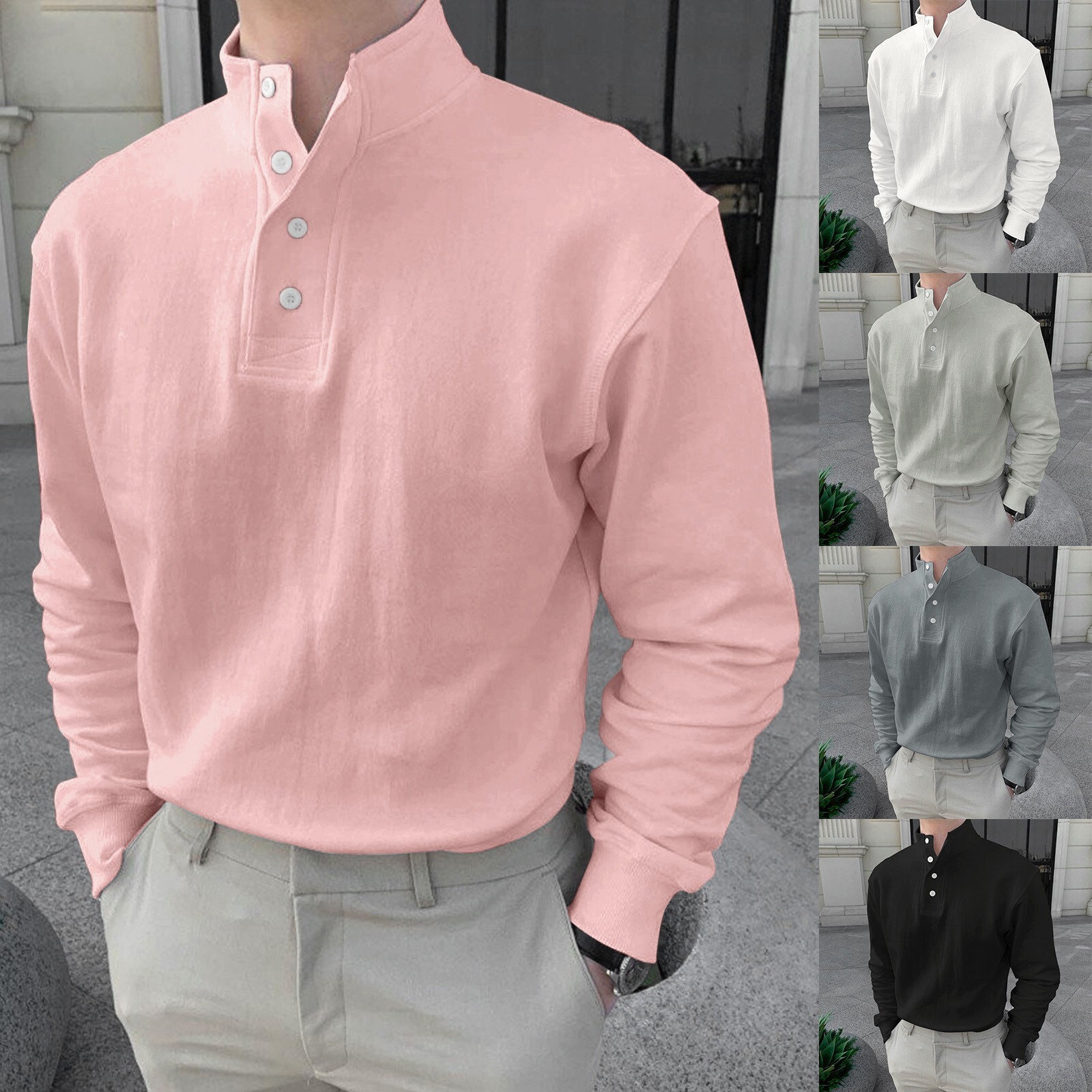 Men Button High Neck Stand Collar Solid Blouse Long Sleeve Top Cotton Shirt gallery