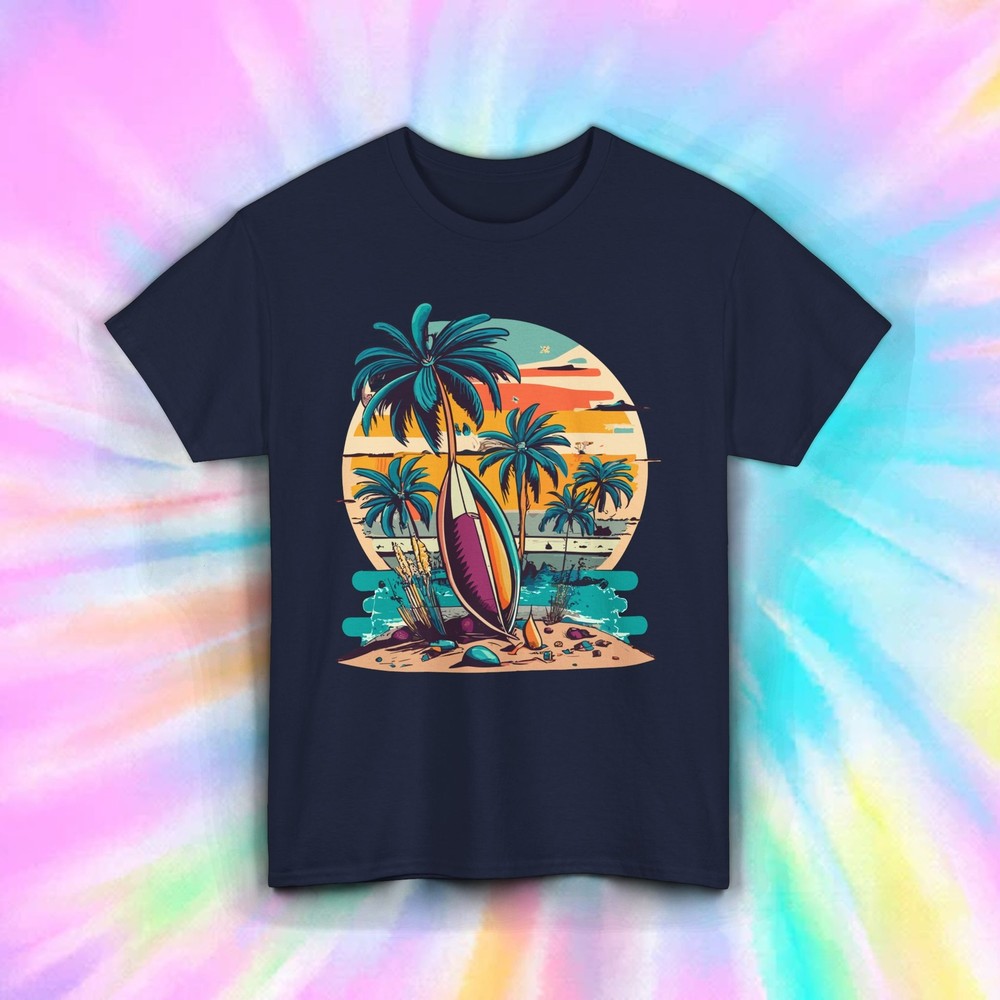 Retro Beach Surfboard Shirt Sunset Ocean Palm Tree Coastal Vibe Tee S-5XL