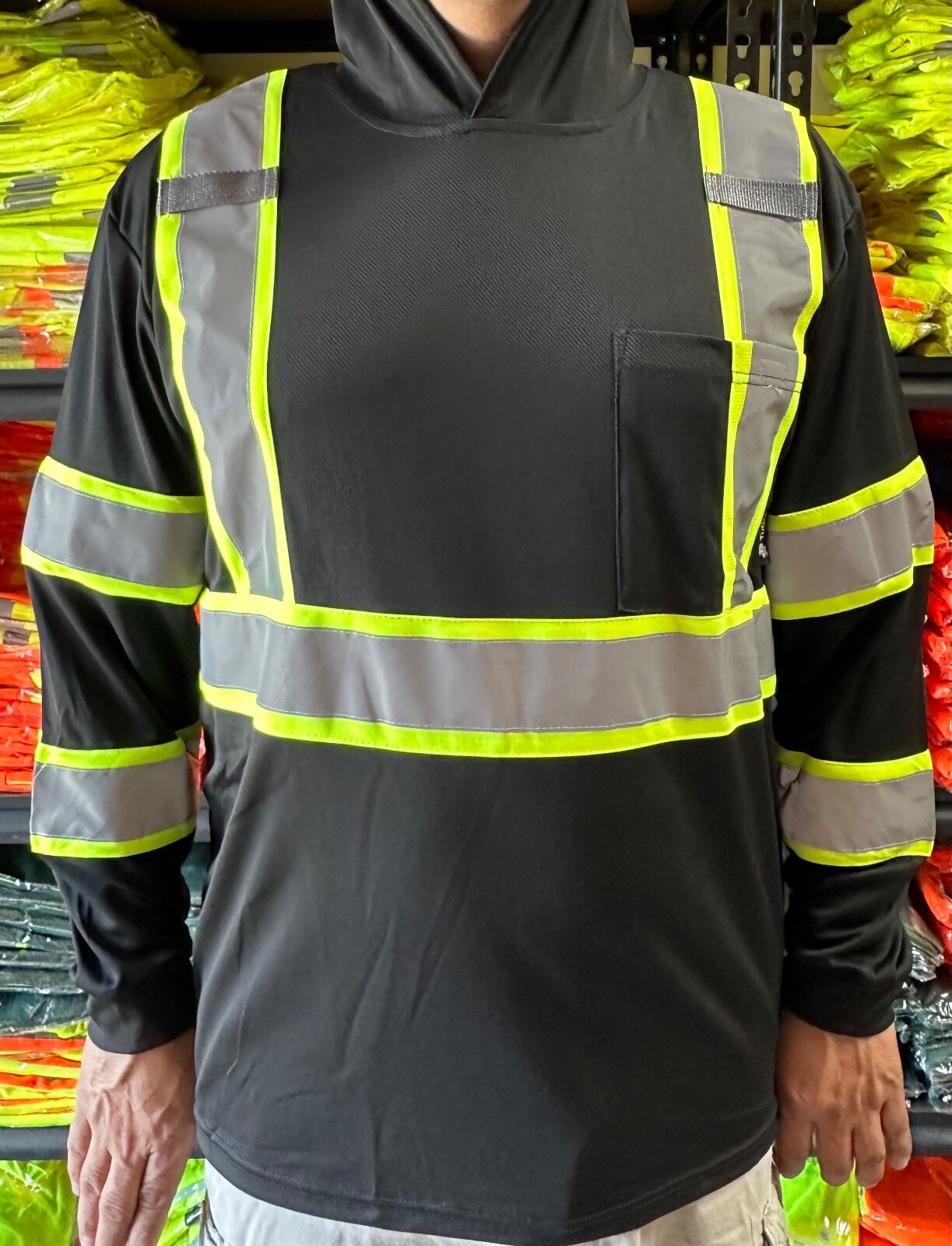 Hoodie Black High Visibility Safety Shirt With Reflective Stripes gallery