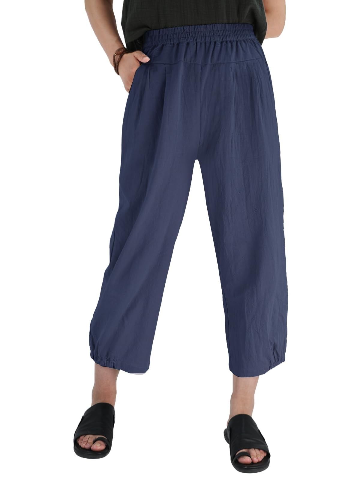 Womens Cropped Pants Cotton High Waist Wide Leg Capris Casual Harem Pants gallery