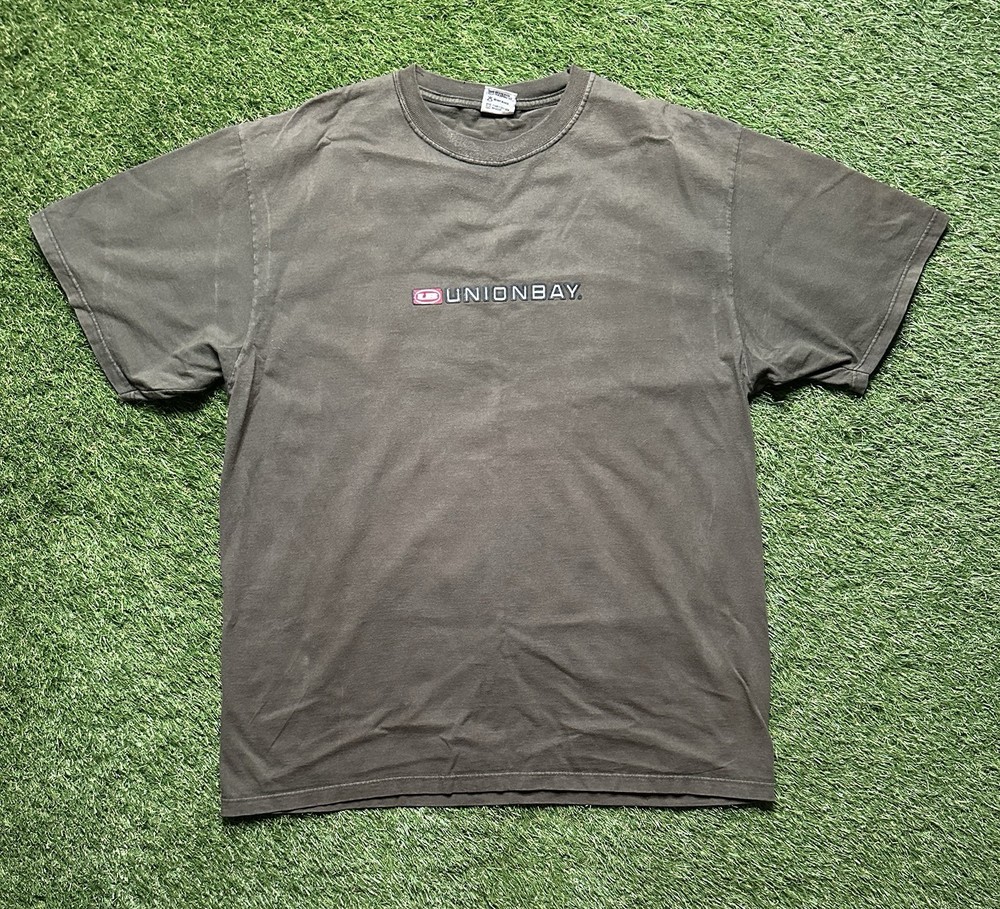 Unionbay Mens XL Olive Green Stripe Chest Logo Tee T-Shirt Y2K