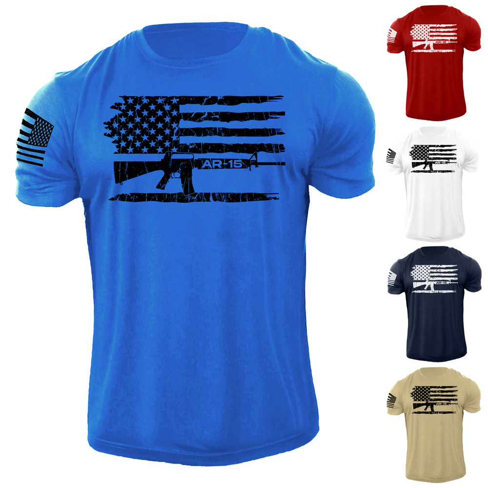 Men’s USA Gun Flag AR15 Rifle T Shirt 100% Cotton Distressed Tee