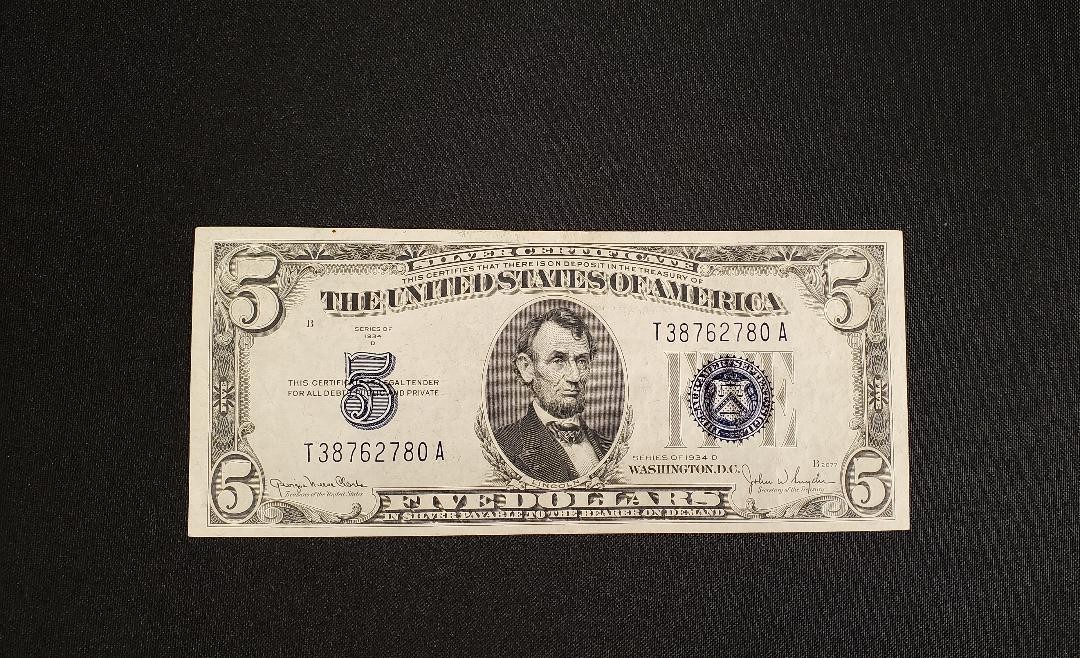 1934 D $5 Small Size Silver Certificate CU Crisp Uncirculated Currency