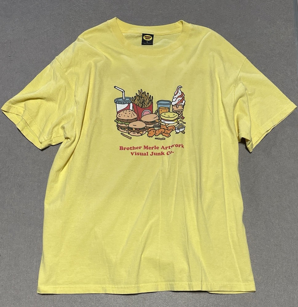 Brother Merle Visual Junk Co Yellow Graphic T-Shirt Fast Food Artwork Sz XL