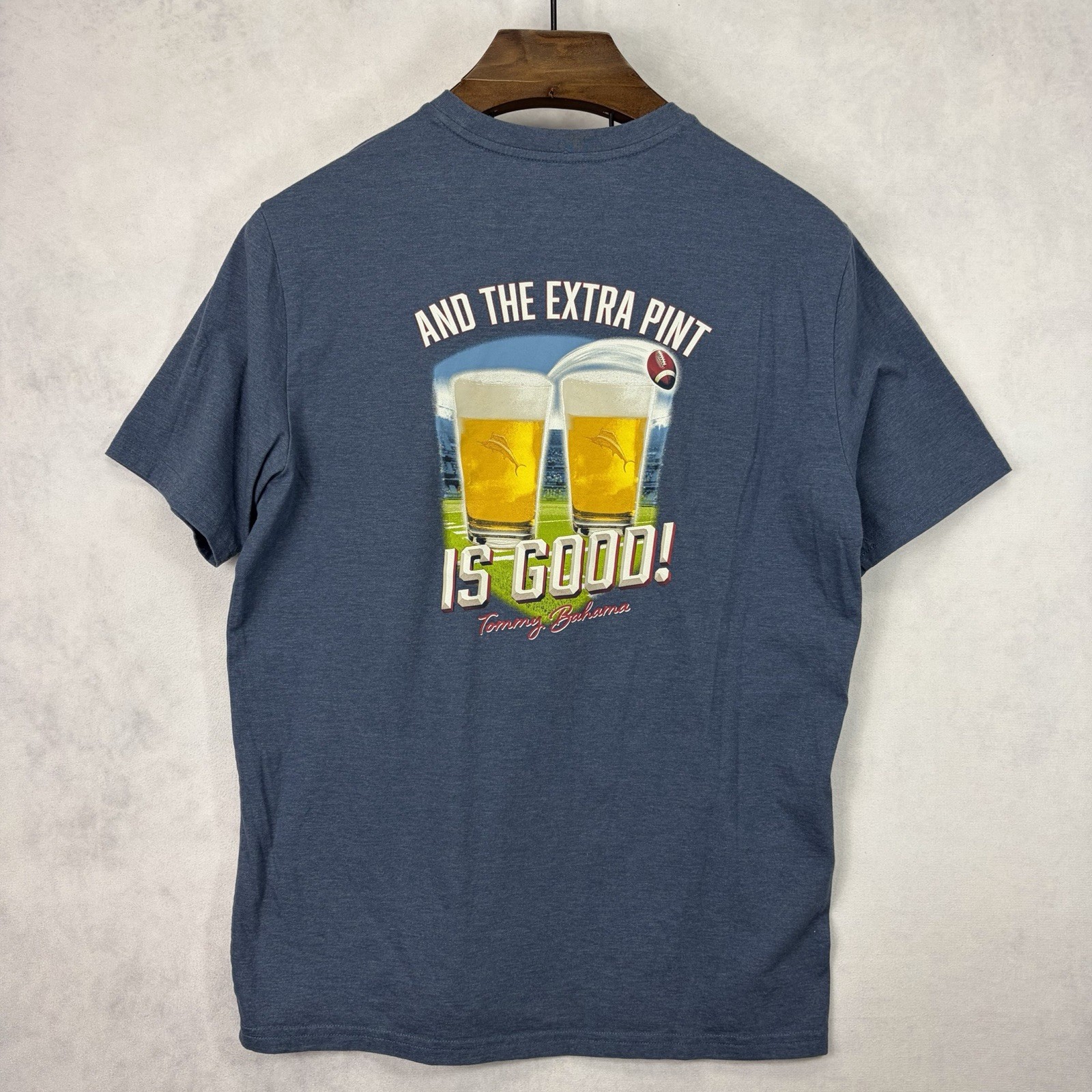Tommy Bahama Shirt Mens Medium Blue Football Beer Brew Pint Beach Marlin Drink gallery