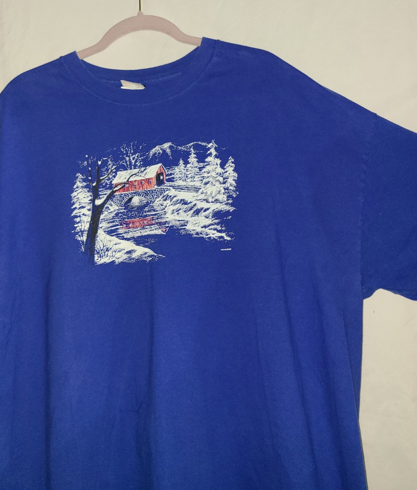 Hanes Blue Coverd Bridge Snow Winter Scene T-shirt Size 3XL gallery