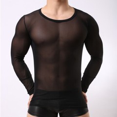 Mens Undershirt Nylon Mesh Men See Through Sheer Long Sleeve Sexy T-shirt