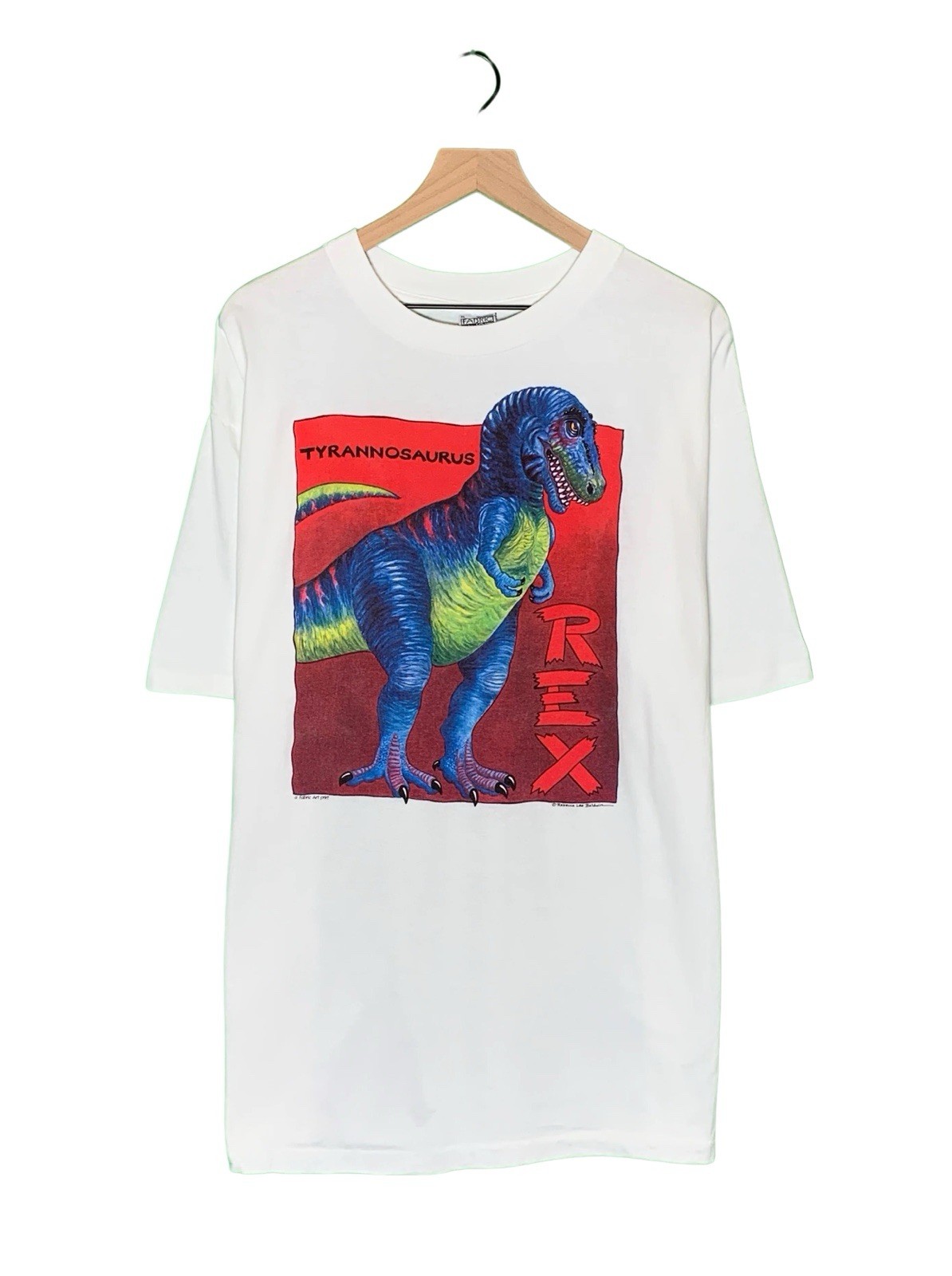 Vtg Fabric Art White Single Stitch Dinosaur T-REX Nature Graphic USA Made XL