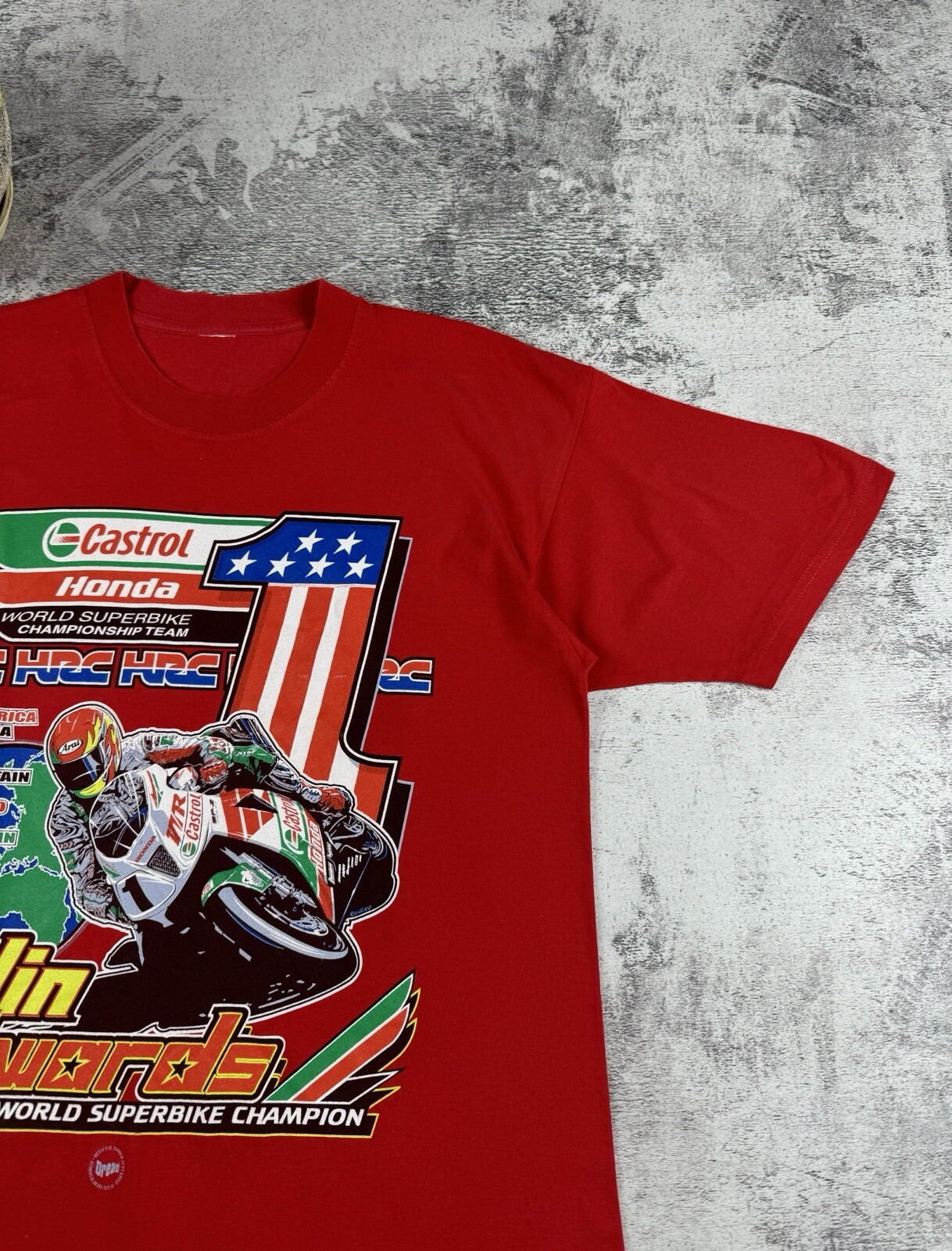 Vintage Colin Edwards Racing Honda Bike 2001 Red HRC Moto Formula 1 T Shirt Tee gallery