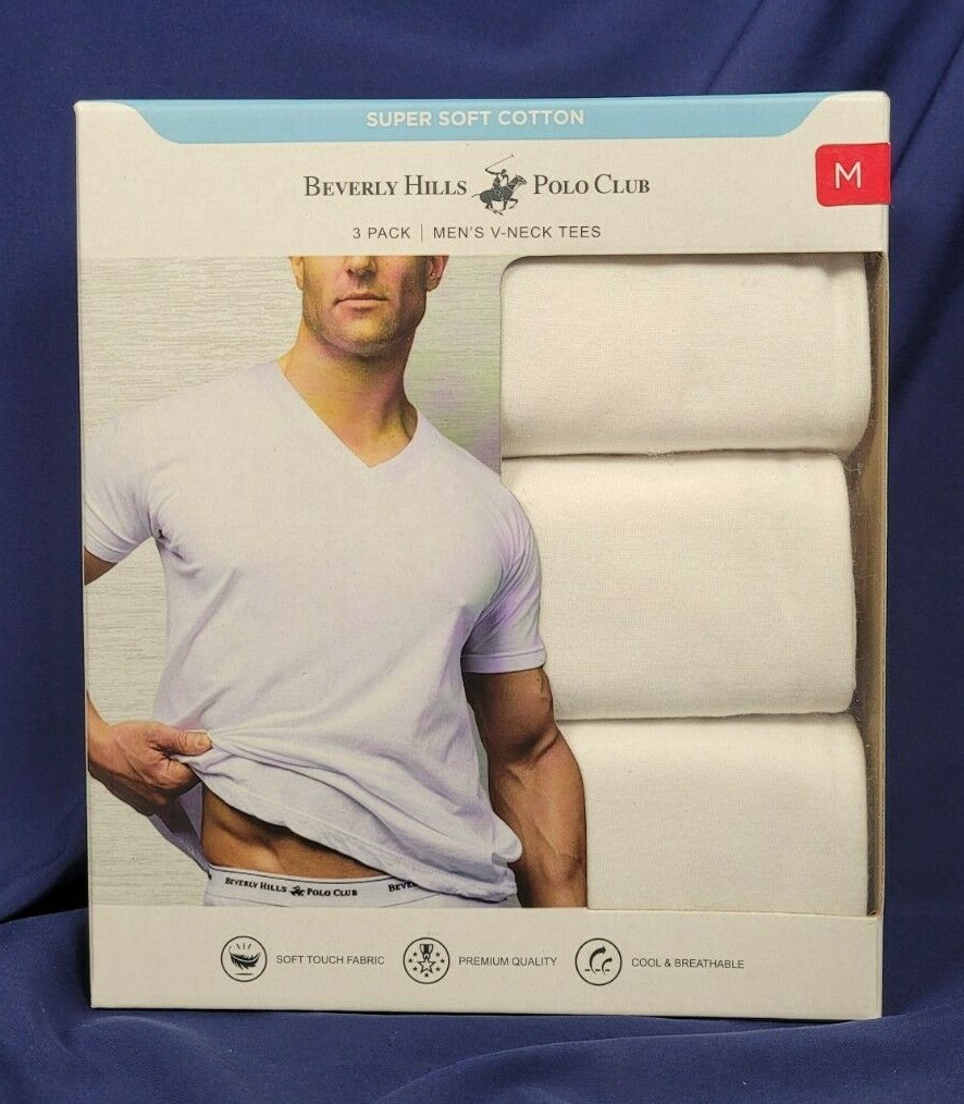 Beverly Hills Polo Club 3 V-Neck T-Shirts M White Super Soft Cotton SHIPS FREE!