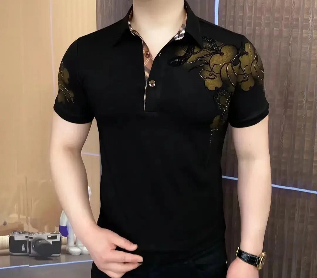 New Men Luxury Diamond Rhinestones Fashion Black Polo T-Shirt High Quality