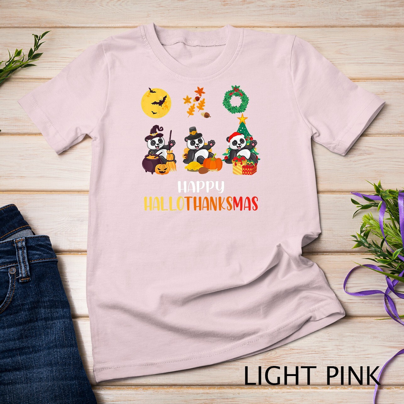 Panda Halloween And Merry Christmas Happy Hallothanksmas T-Shirt Unisex T-shirt gallery