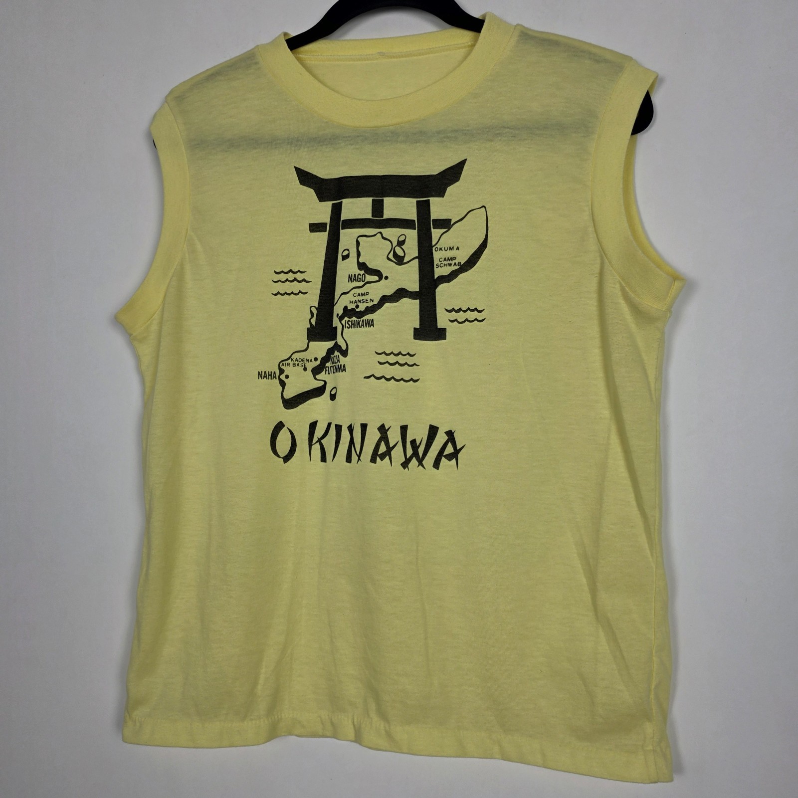 Vintage 70s Okinawa Japan Paper Thin Military Mens Small Sleeveless Yellow Shirt gallery