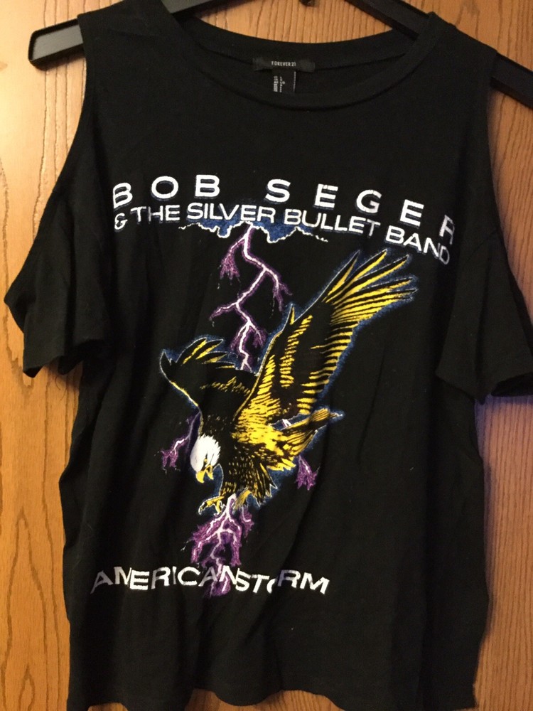 Bob Seger – “American Storm” Black Ladies Cold Shoulder Shirt. L.