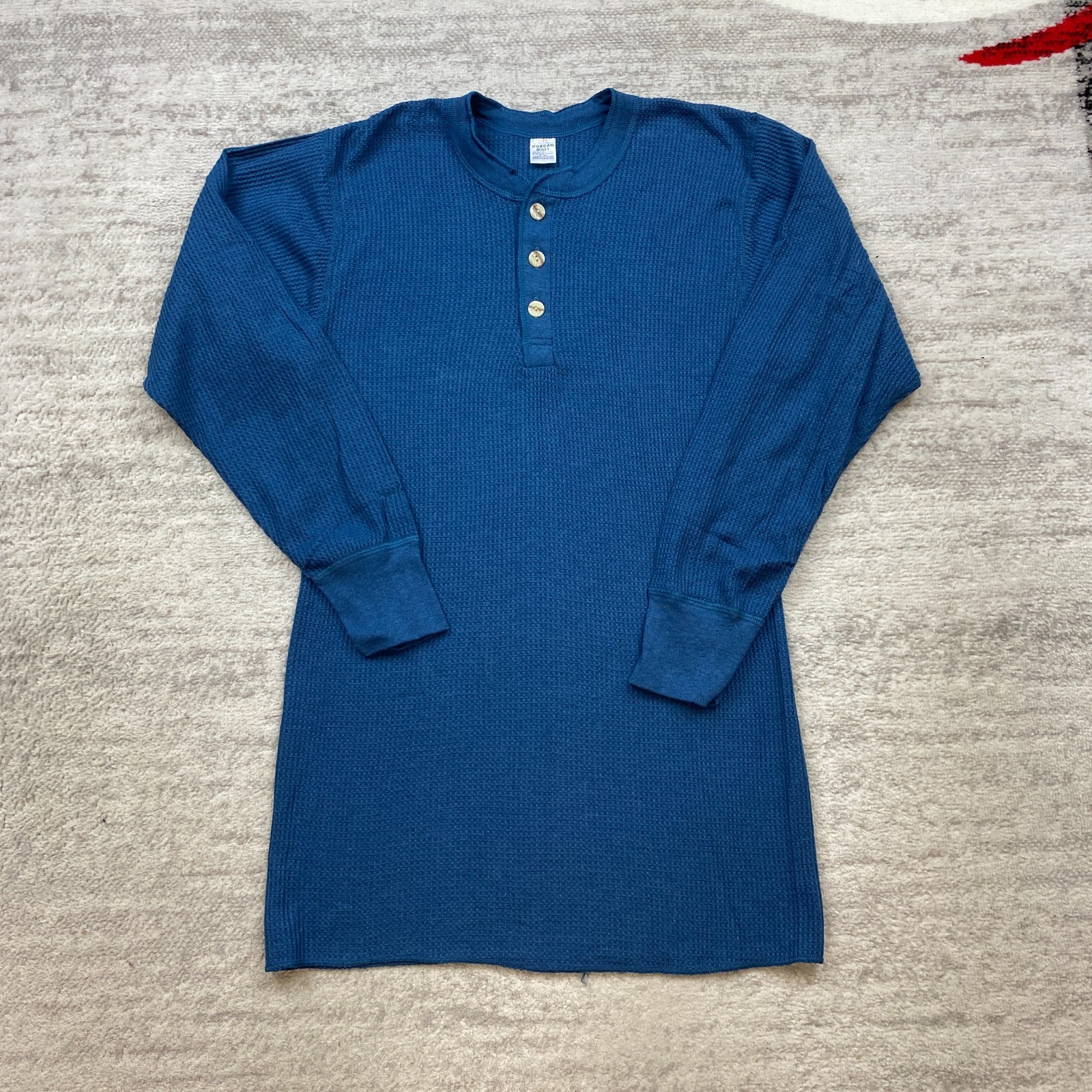 Vintage Morgan Mills Henley Shirt XL Blue Thermal Waffle Knit Preppy 60s 70s Men