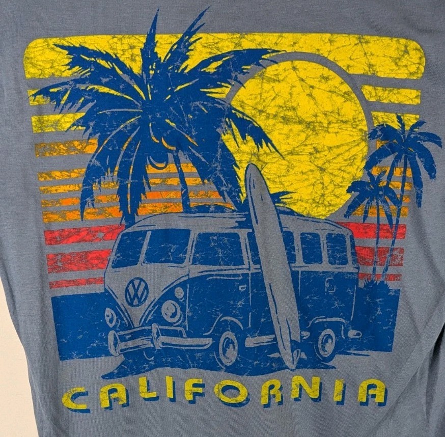 Volkswagen Bus Surfer T Shirt Mens Small Blue California Hippie Beach Bum VW