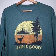 Life Is Good Cool Tee Shirt Men Medium Green Buck Deer Sunset Wilderness Hike
