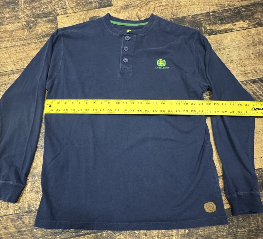 JOHN DEERE Leather Logo Long Sleeve T-Shirt L Henley Button Up 100% Cotton Blue gallery