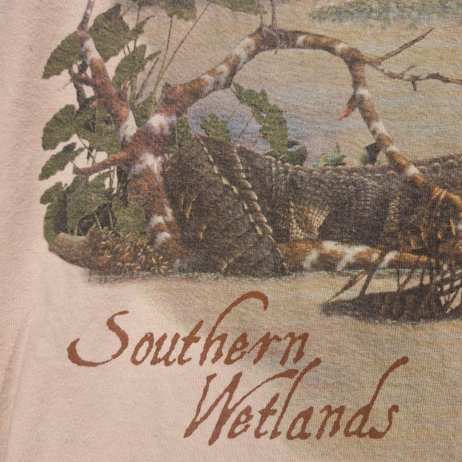 Southern Wetlands Okefenokee Shirt Mens Medium Beige Wildlife Graphic Tee Gildan gallery
