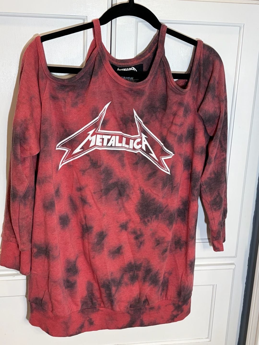 Metallica Red and Black Tie Dye Cold Shoulder Band Graphic Sweatshirt XXS gallery