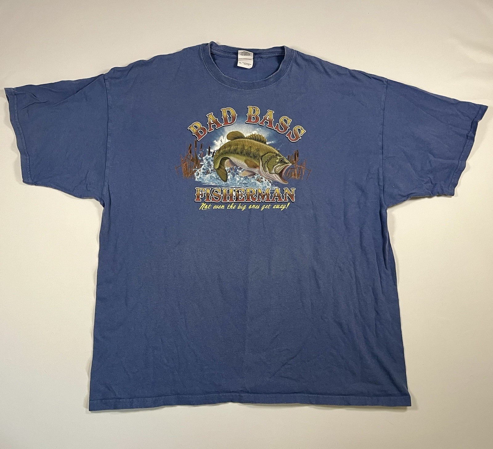 Vintage Bad Bass Fisherman T Shirt Mens 2XL Blue Fishing Graphic Tee Gildan gallery