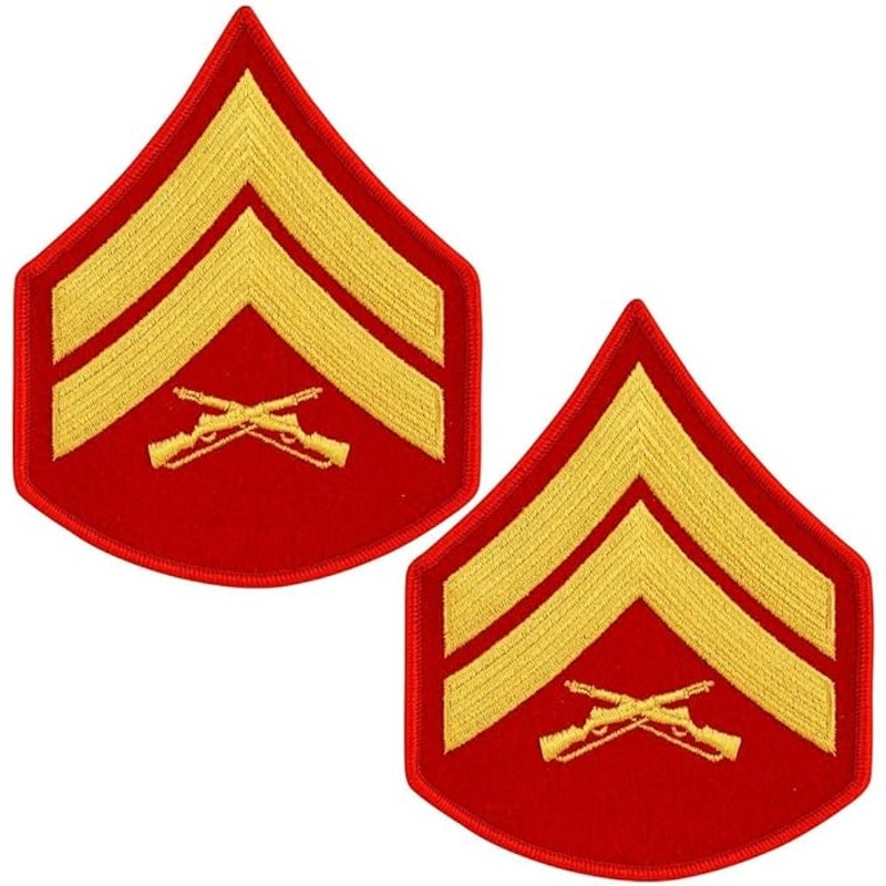 USMC Corporal E‑4 Chevrons Gold on Red Male Size 3‑3/4″ × 4‑1/4″ Patches