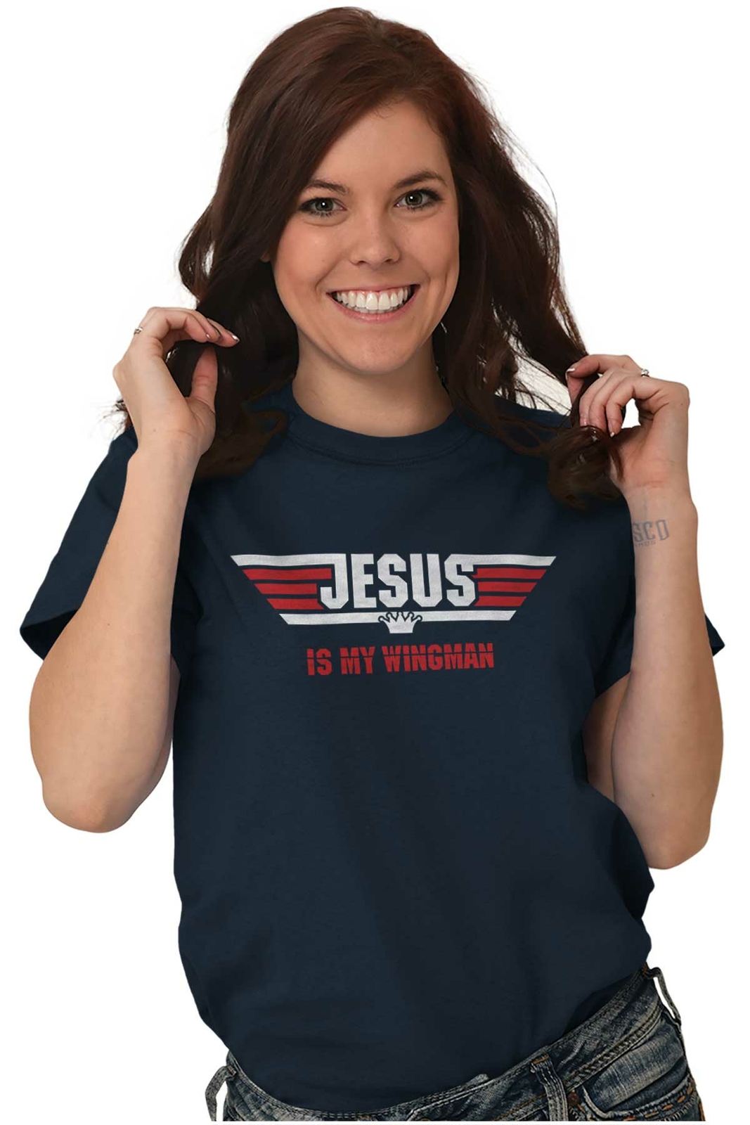Christian Faith Religion Jesus is my Wingman Womens or Mens Crewneck T Shirt Tee gallery