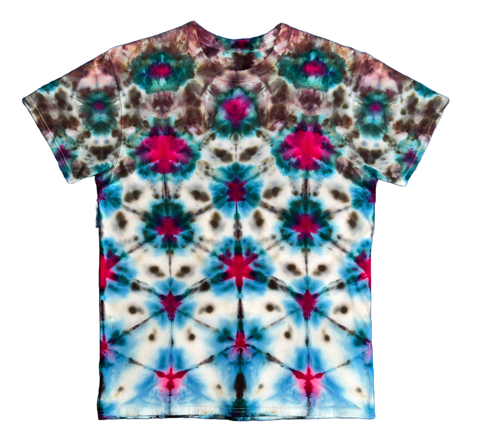 Shibori Fold Ice Tie Dye T-Shirt, Unisex L SS Crew, Fuchsia & Blue