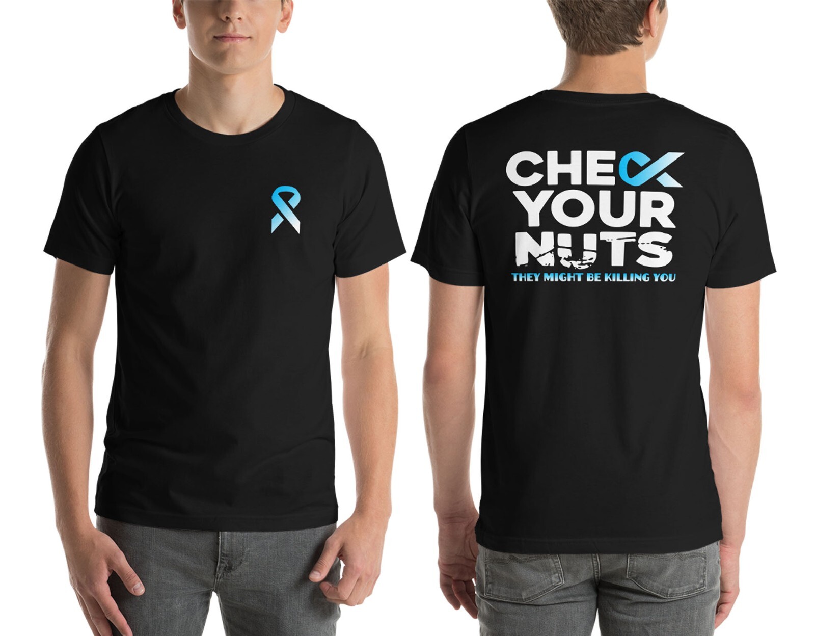 Prostate Cancer T-Shirt Check Your Nuts Blue Ribbon Dad Grandpa Father Day Gift