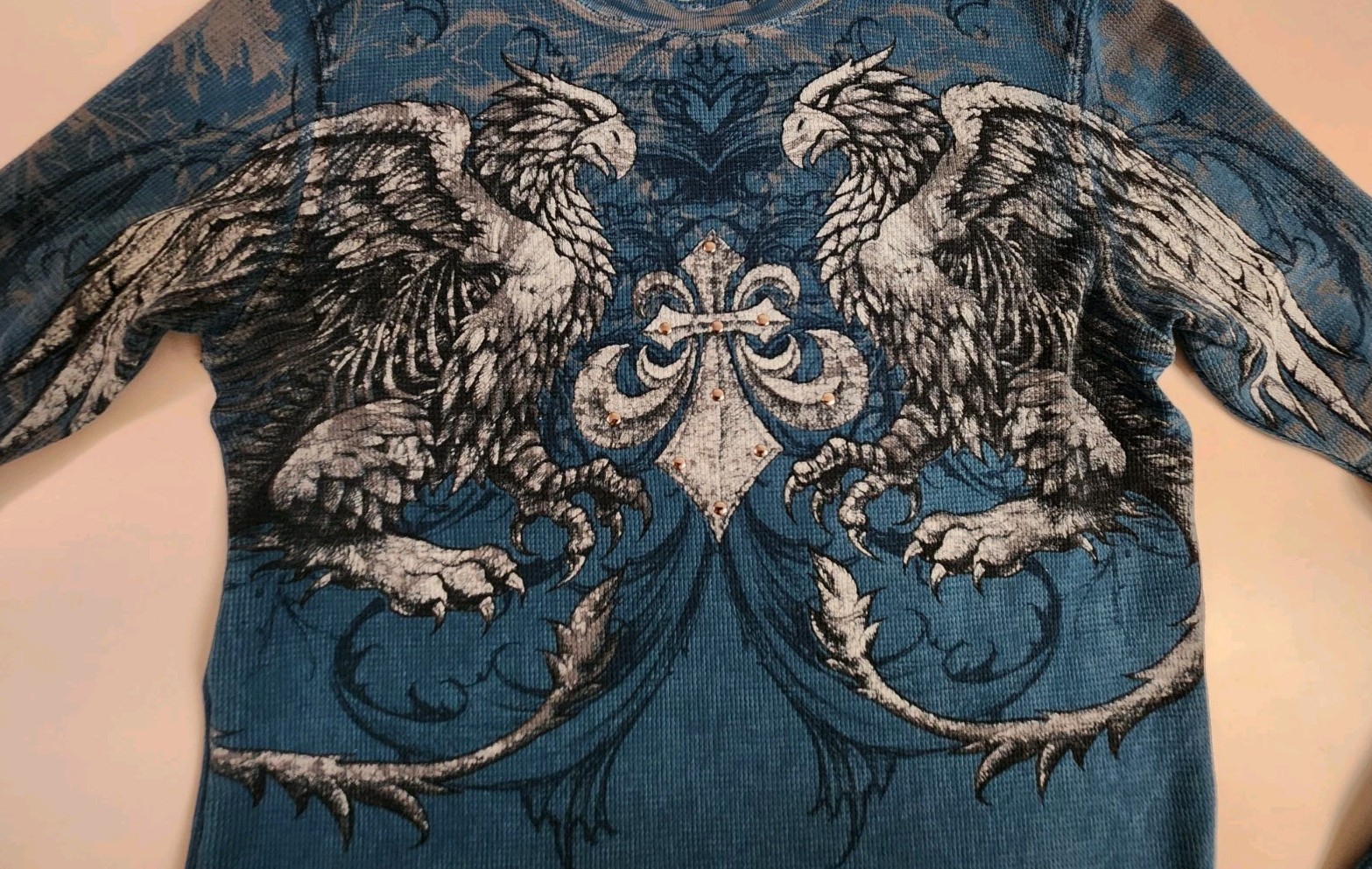 AFFLICTION Men’s Sz L Waffle Thermal Shirt Long Sleeve Distressed AOP gallery