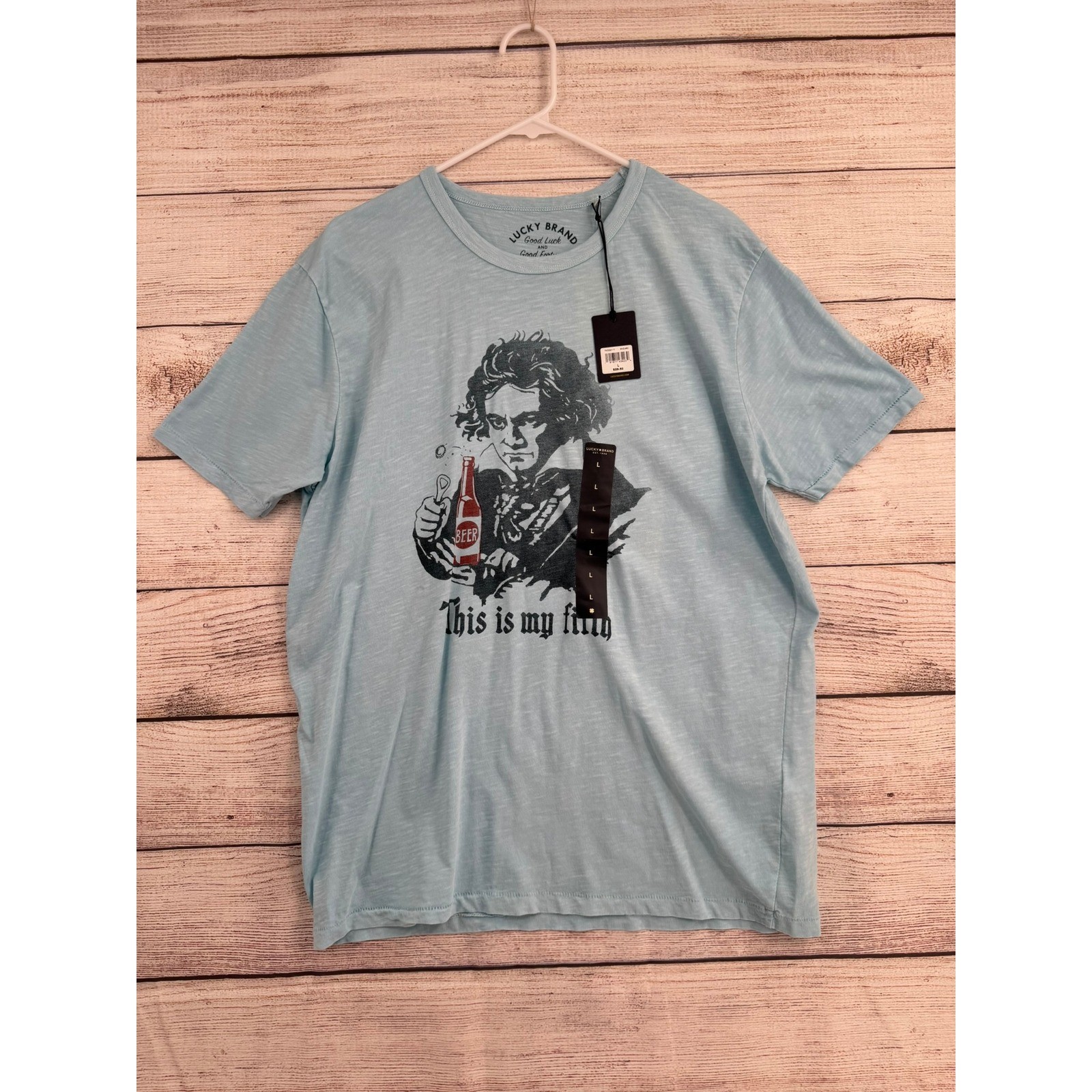 Lucky Brand Graphic T-Shirt Mens Large Light Blue Beethoven This Is My Fifth NEW gallery