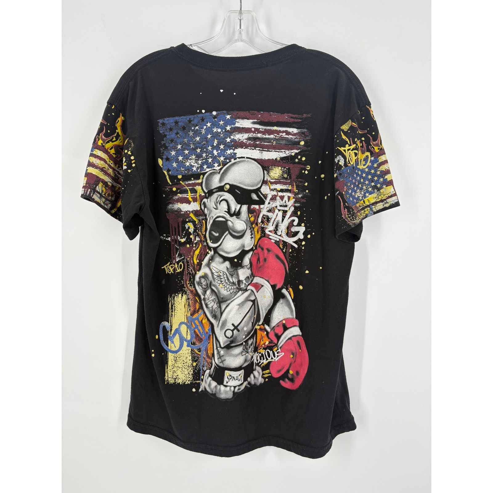 Popeye Graphic T Shirt Black Mens Large Boxing American Flag Cartoon Tee gallery