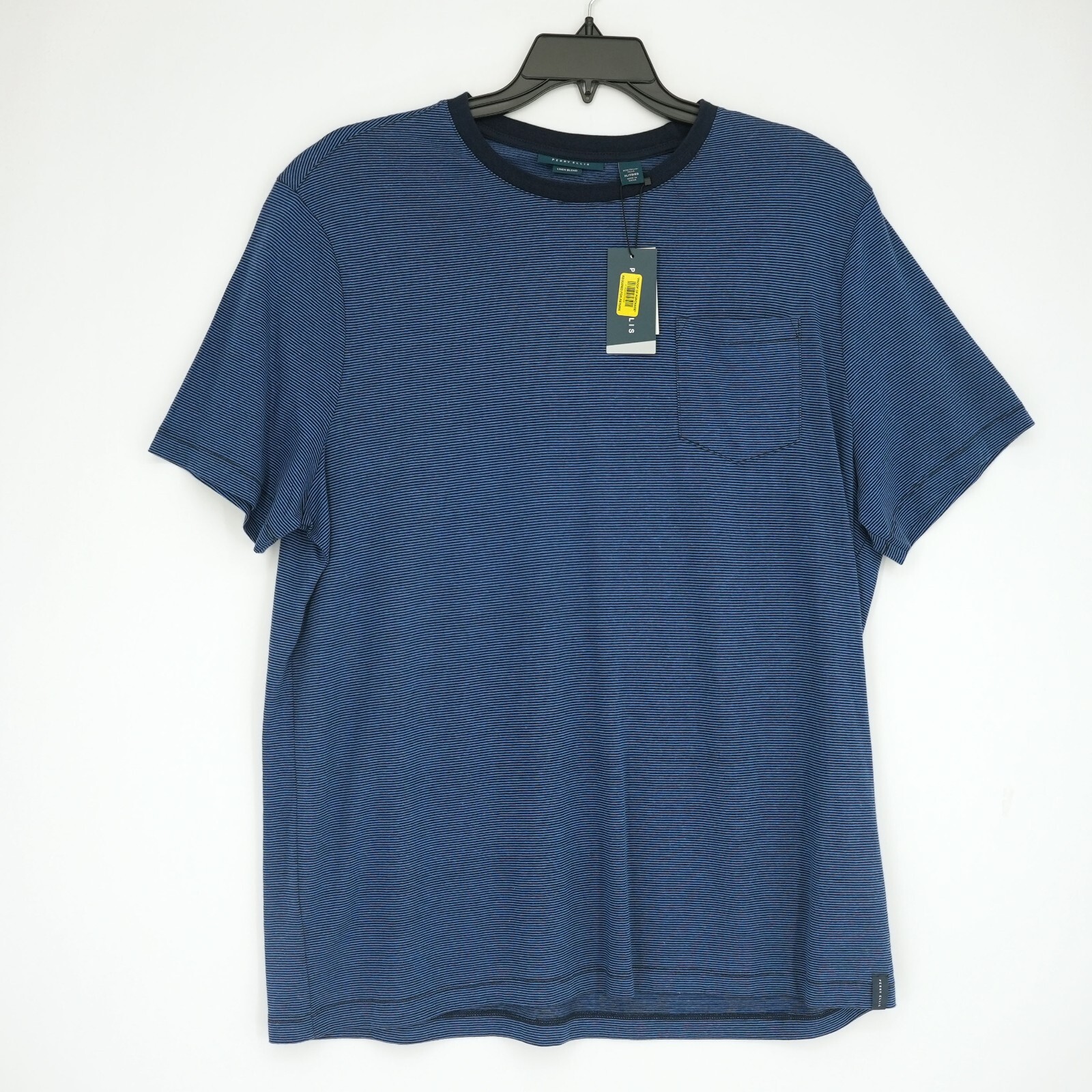 Perry Ellis Men’s Short-Sleeve Shirt XL Blue Black Striped Pocket NWT
