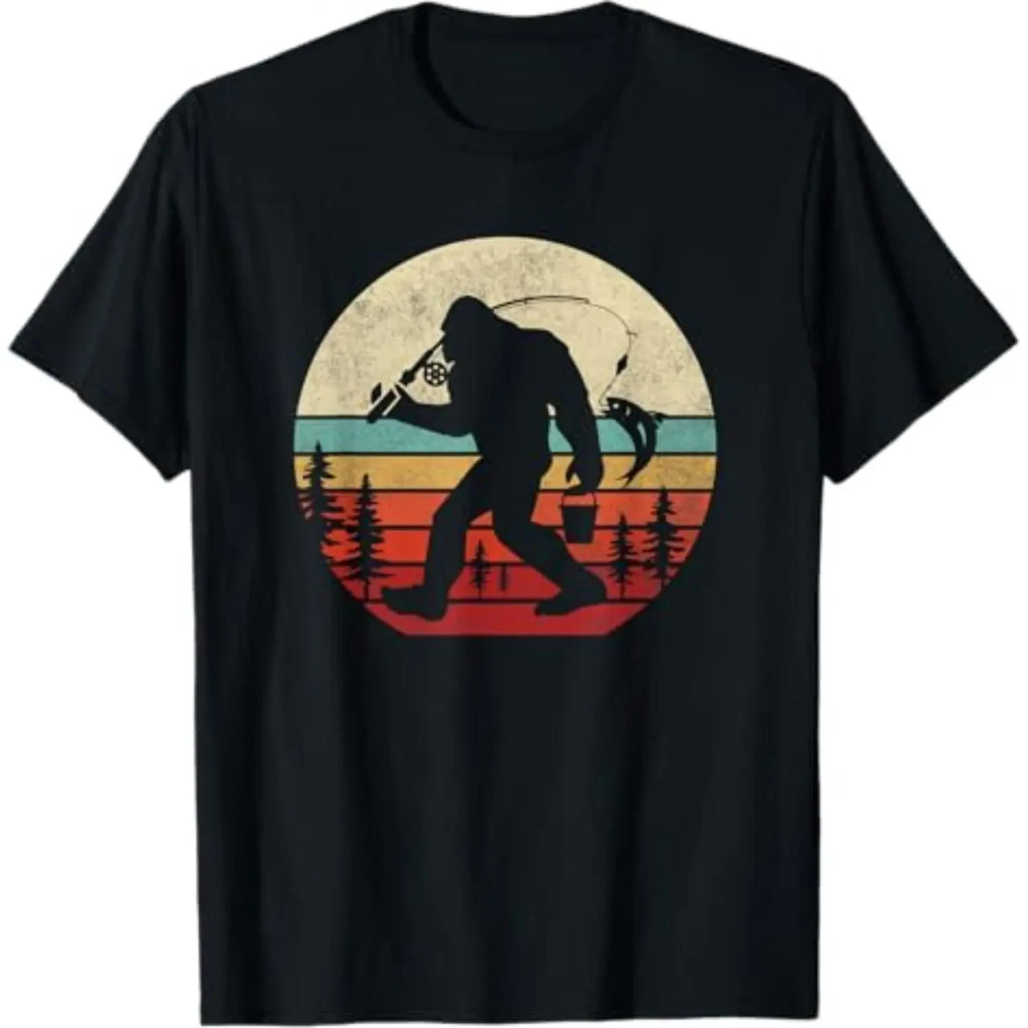 Men's 100% Cotton Summer T Shirts Bigfoot Fishing Funny Retro Sasquatch Tee gallery