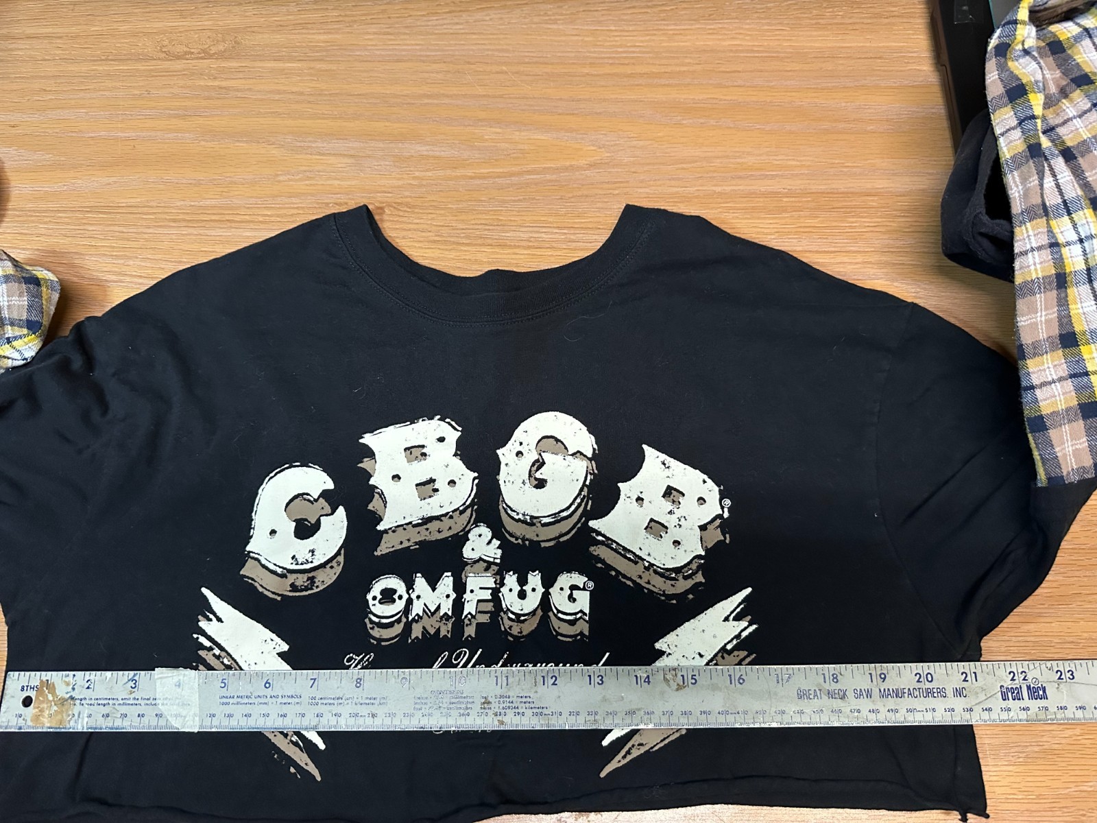 CBGB & OMFUG Cropped T-Shirt Flannel Long Sleeve by Goodie Two Sleeves Size L gallery