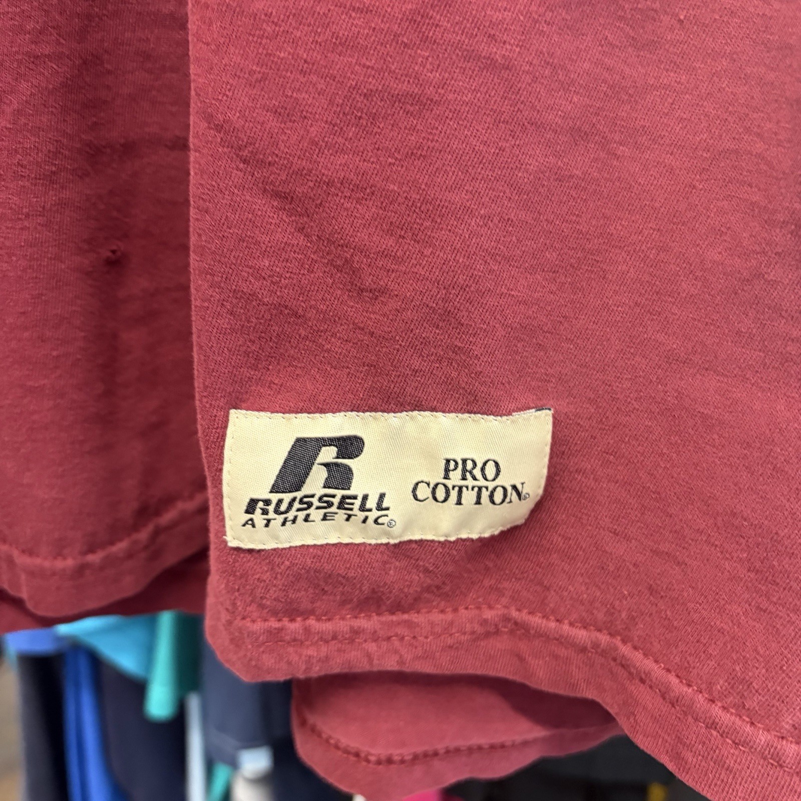 Vintage 90s Russell Athletic Pro Cotton Maroon/Burgundy Blank Pocket Tee Size XL gallery