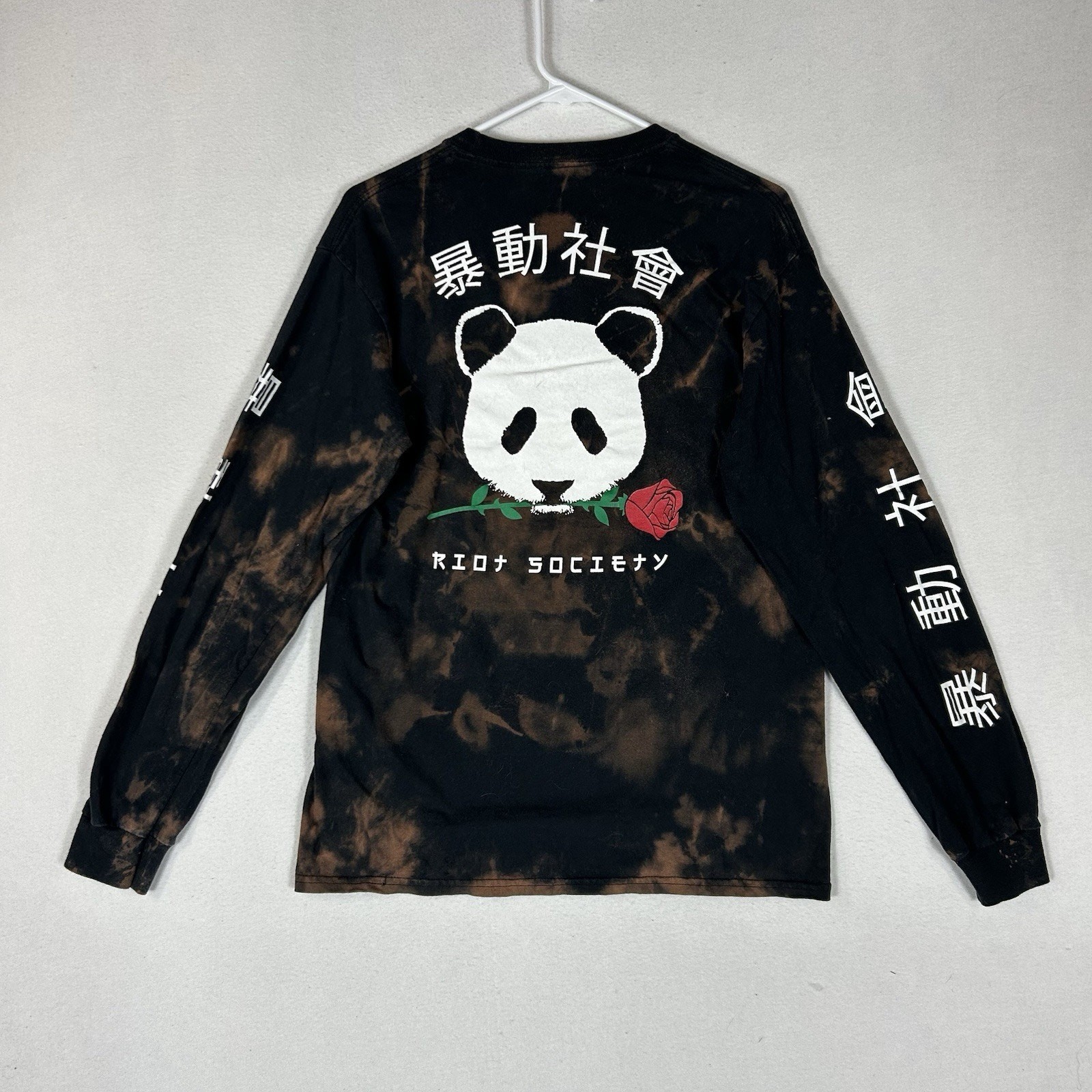 Riot Society Long Sleeve T-Shirt Men's Medium Panda Rose Tye Dye Black Brown Tee gallery