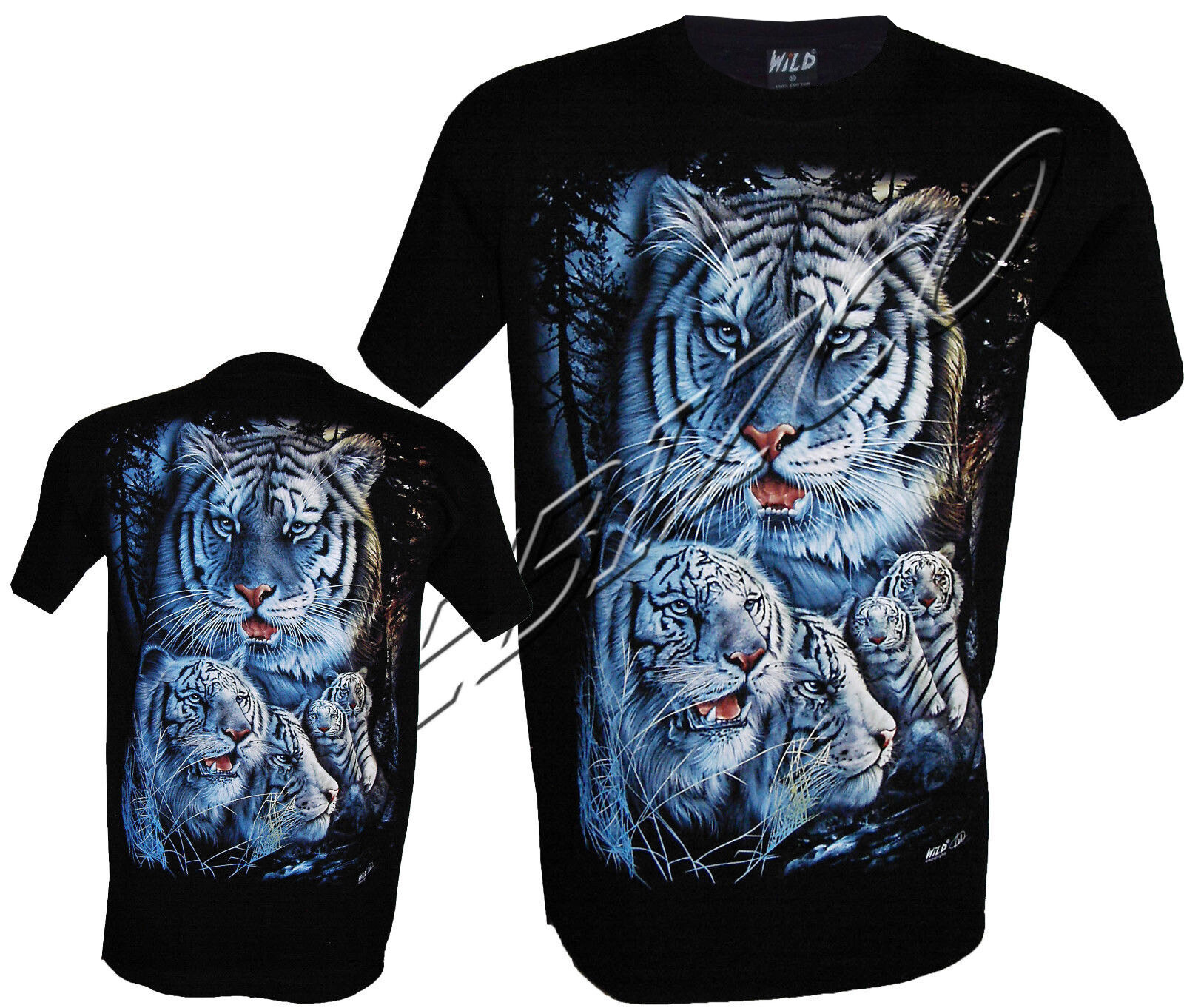 Siberian White Tiger Pack Bengal 100% Cotton T-Shirt, Front & Back Print M – 3XL