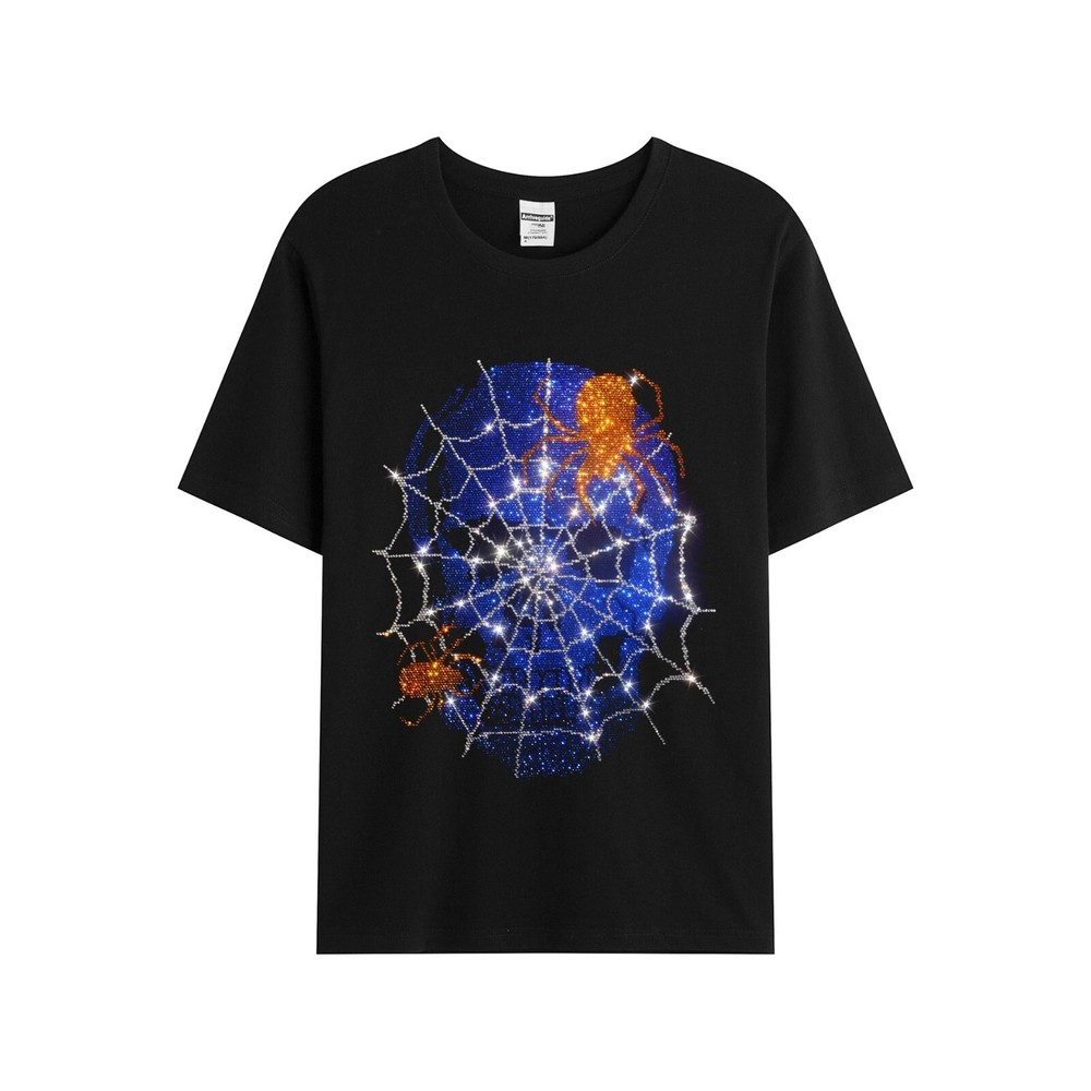 Fashion Skull Spider Rhinestones Summer Short Sleeve Luxury Men Black T-Shirt