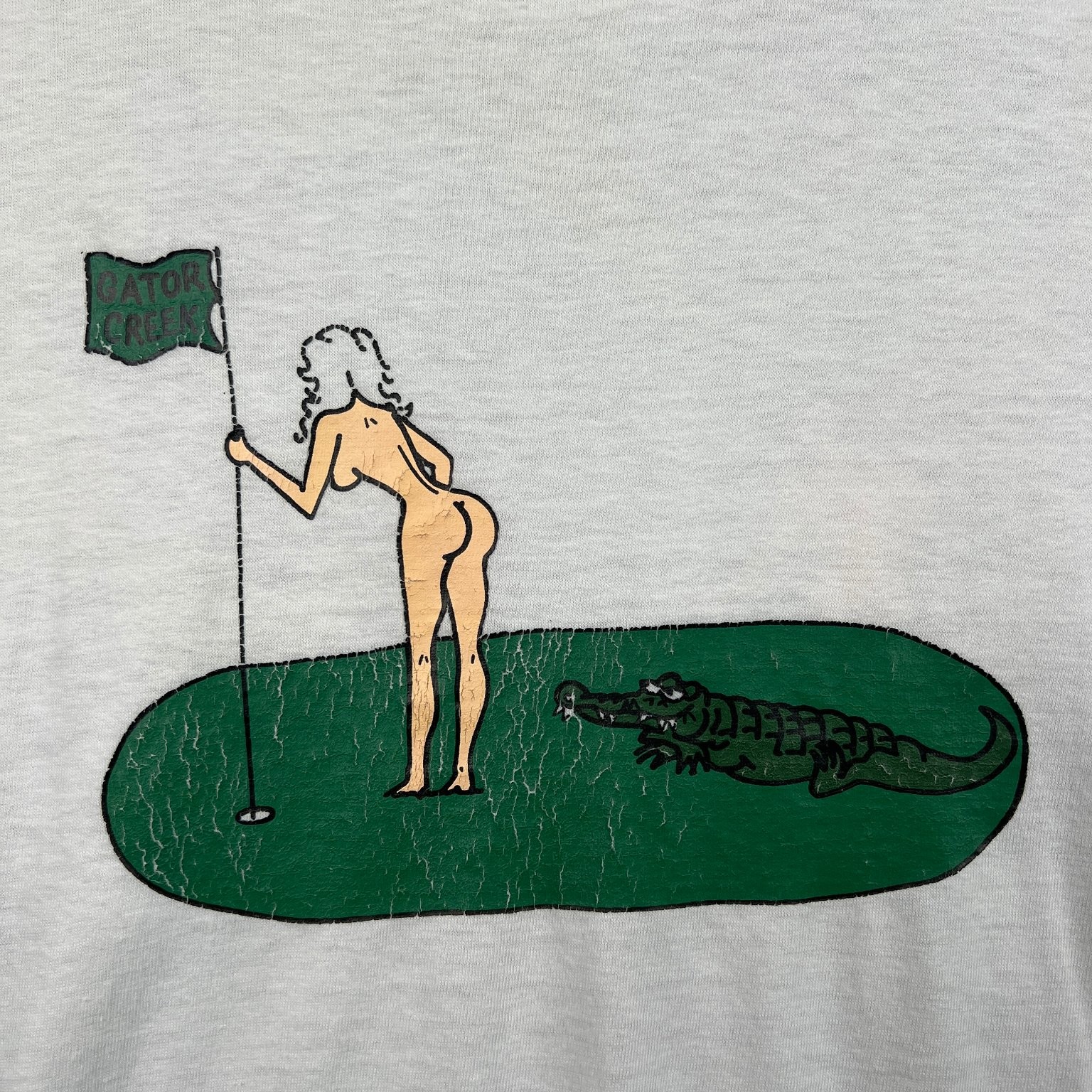 VTG Gator Creek Nude Lady Alligator Golf T Shirt Men’s M White Paper Thin 70s gallery