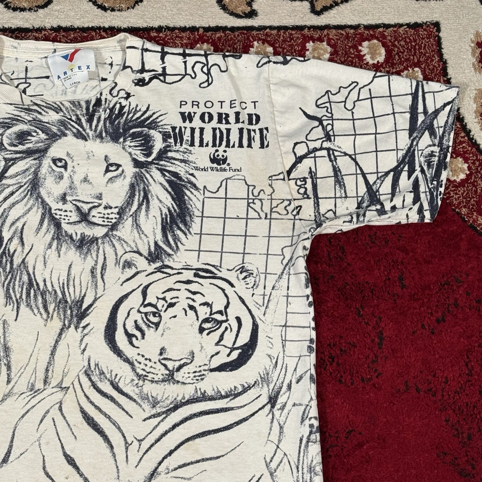 Vintage 80s-90s Artex Protect Wildlife Lion Tiger AOP T Shirt Size M Made In USA gallery