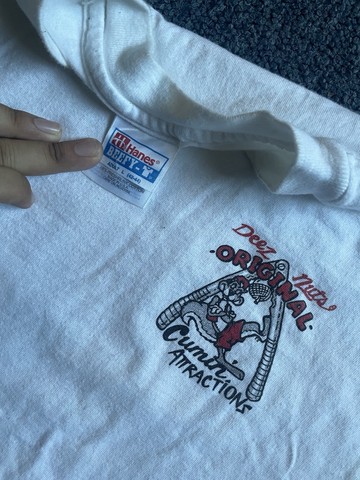 Vintage 90s Deez Nuts Funny Men’s White Shirt Sz Large Comic Big Johnson Style gallery