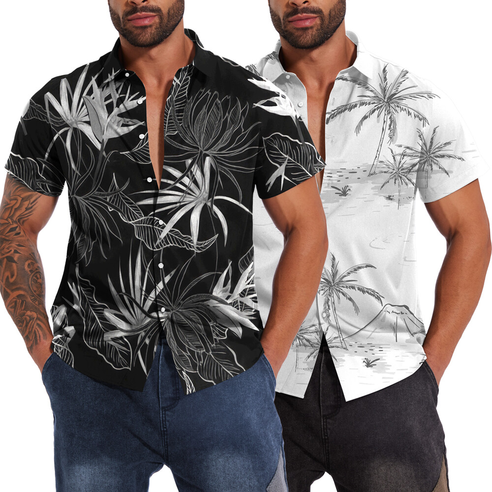 Button Down Shirts Men Black White Hawaiian Dress Short Sleeve Party Up Soft Tee gallery