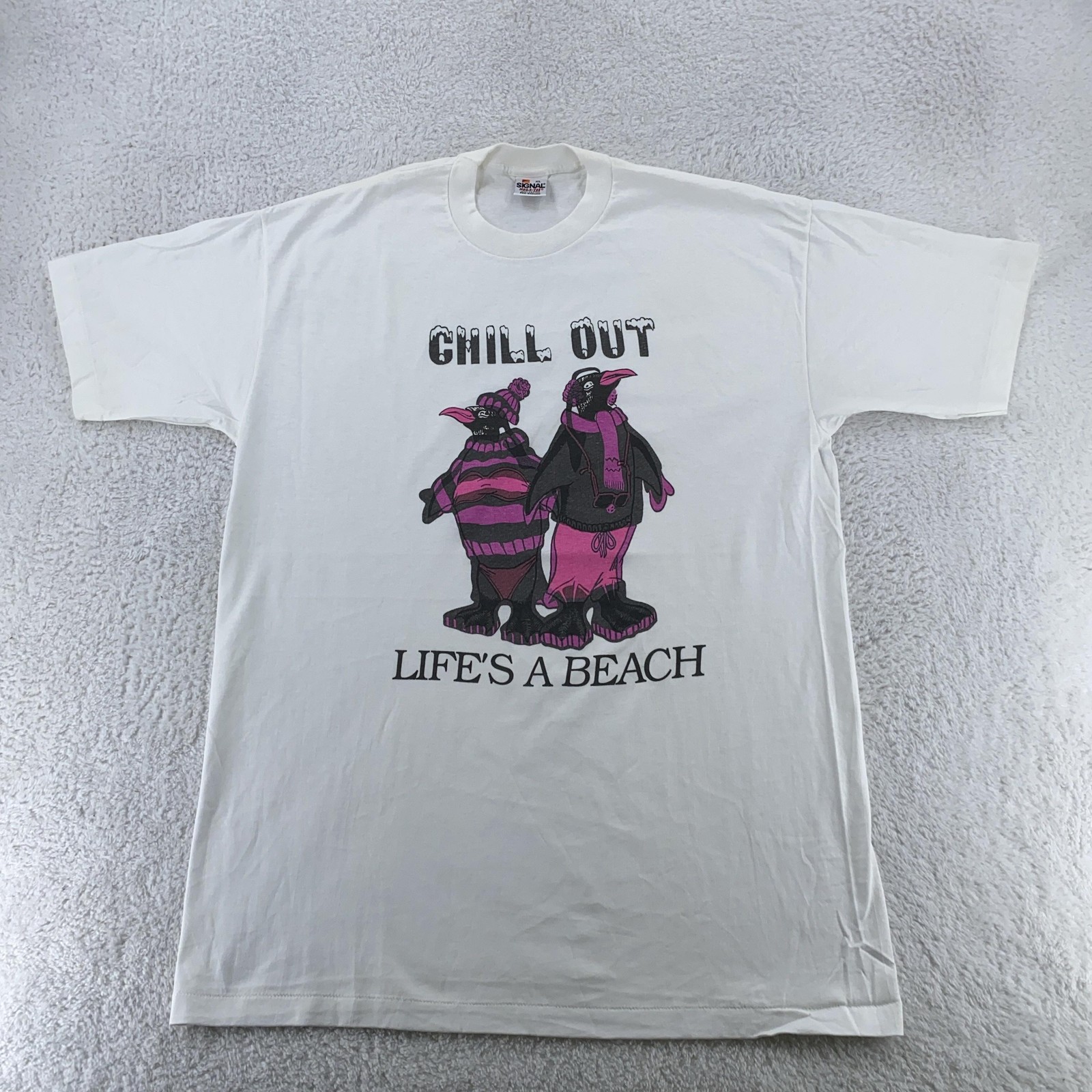 Vintage 90s Heat Color Changing Chill Out Life's a Beach T-Shirt XL Penguin gallery