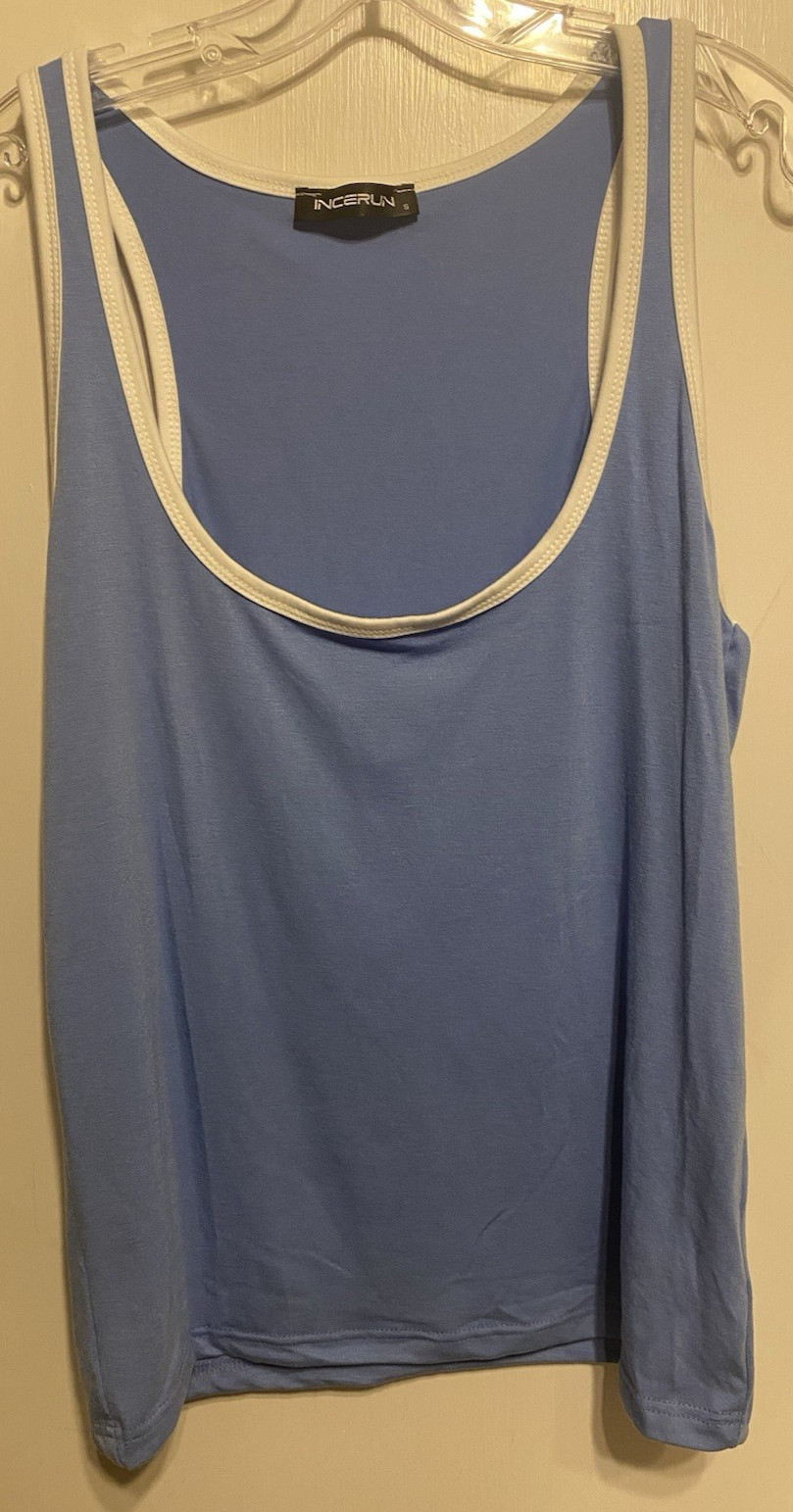 Incerun Men's Deep Scoop Neck Tank Top Size Small Blue, white trim NWOT gallery