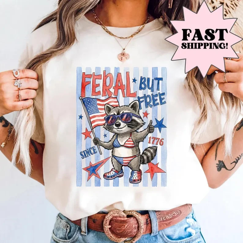 Feral But Free Raccoon Shirt, 1776 Patriotic Flag Tee, Fourth Of July Top gallery
