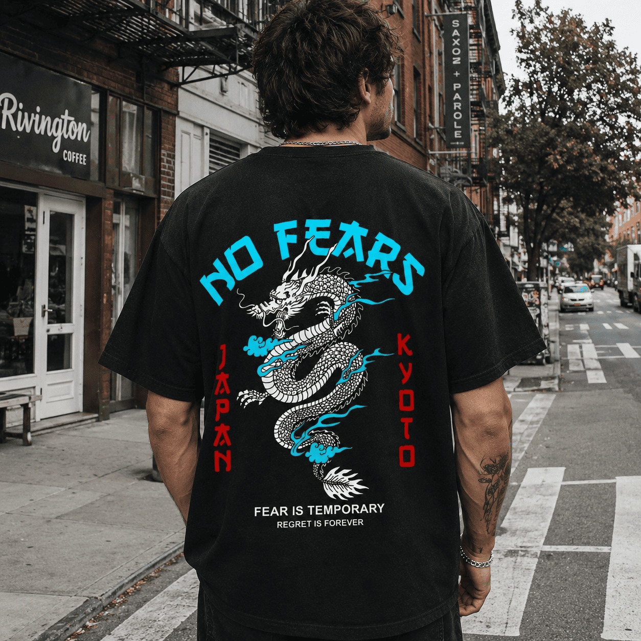 Japanese Dragon No Fears Graphic Tee - Kyoto Streetwear Back-Print Shirt gallery